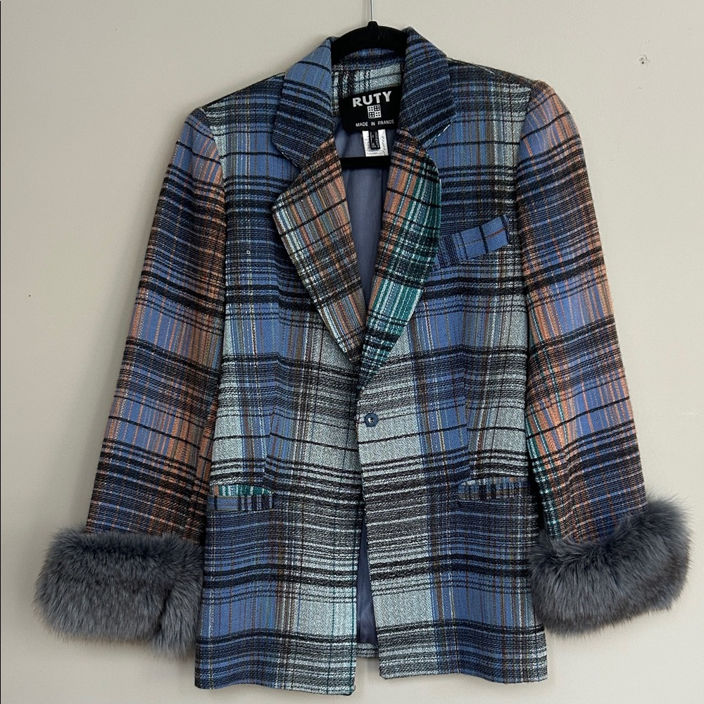 Ruty Paris vintage Plaid Jacket with Fur Cuffs - Blue and Gray